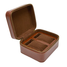 Load image into Gallery viewer, A brown, closed-zip watch case made of vegan leather, designed to hold two watches.